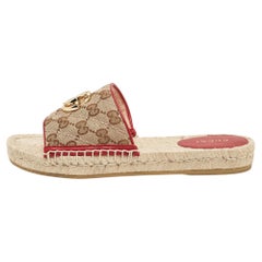 Gucci Beige/Red GG Canvas and Leather Double G Flat Slides Size 36