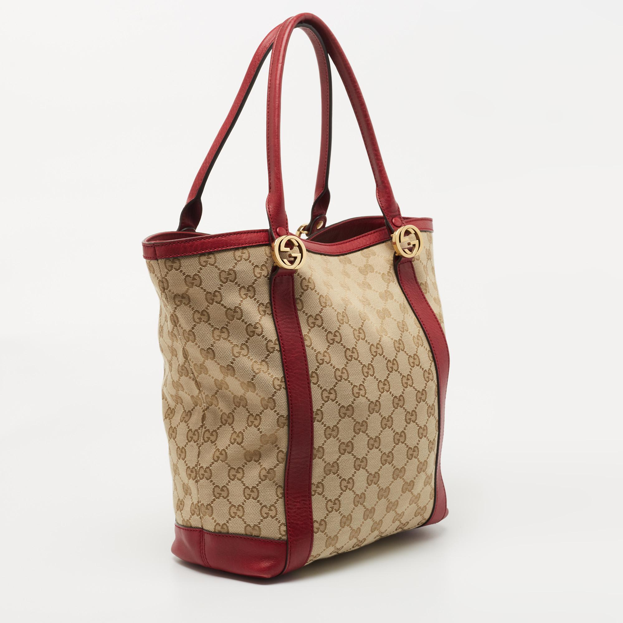 Women's Gucci Beige/Red GG Canvas and Leather GG Interlocking Shopper Tote