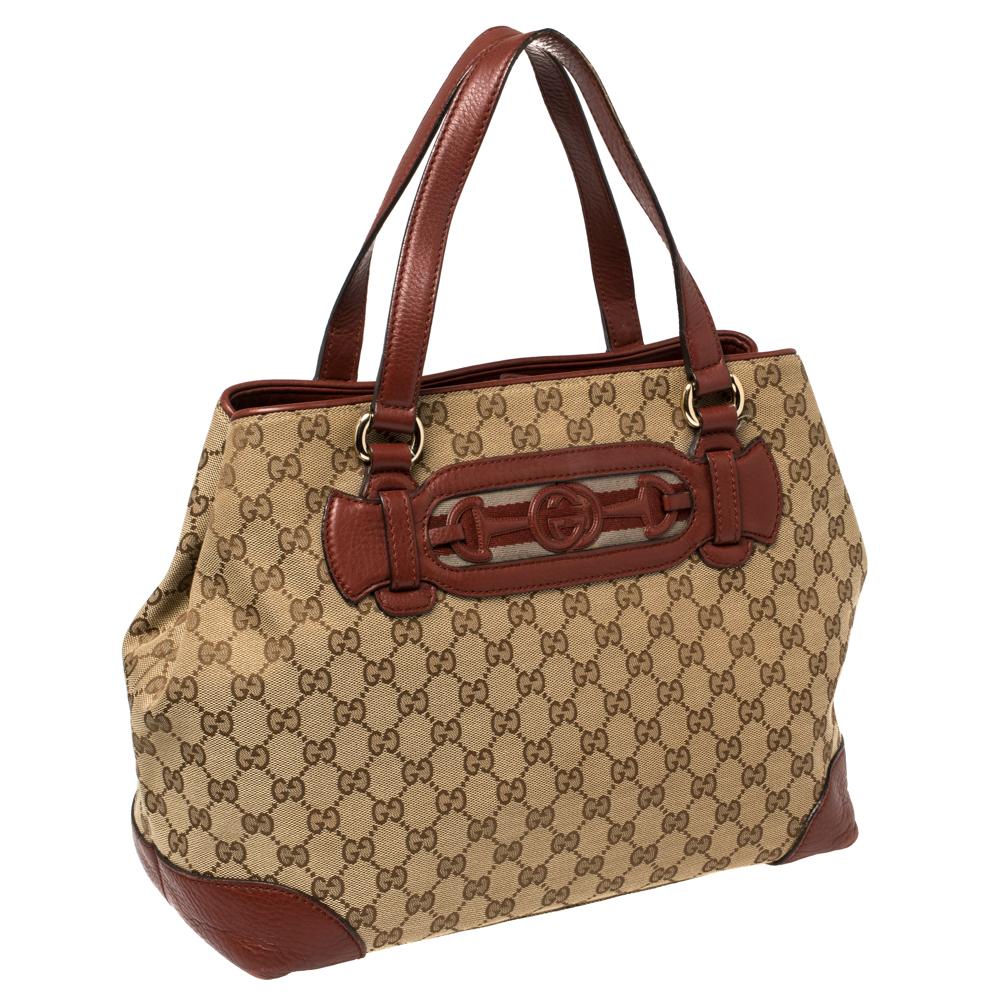 Brown Gucci Beige/Red GG Canvas and Leather Medium Supreme Web Dressage Tote