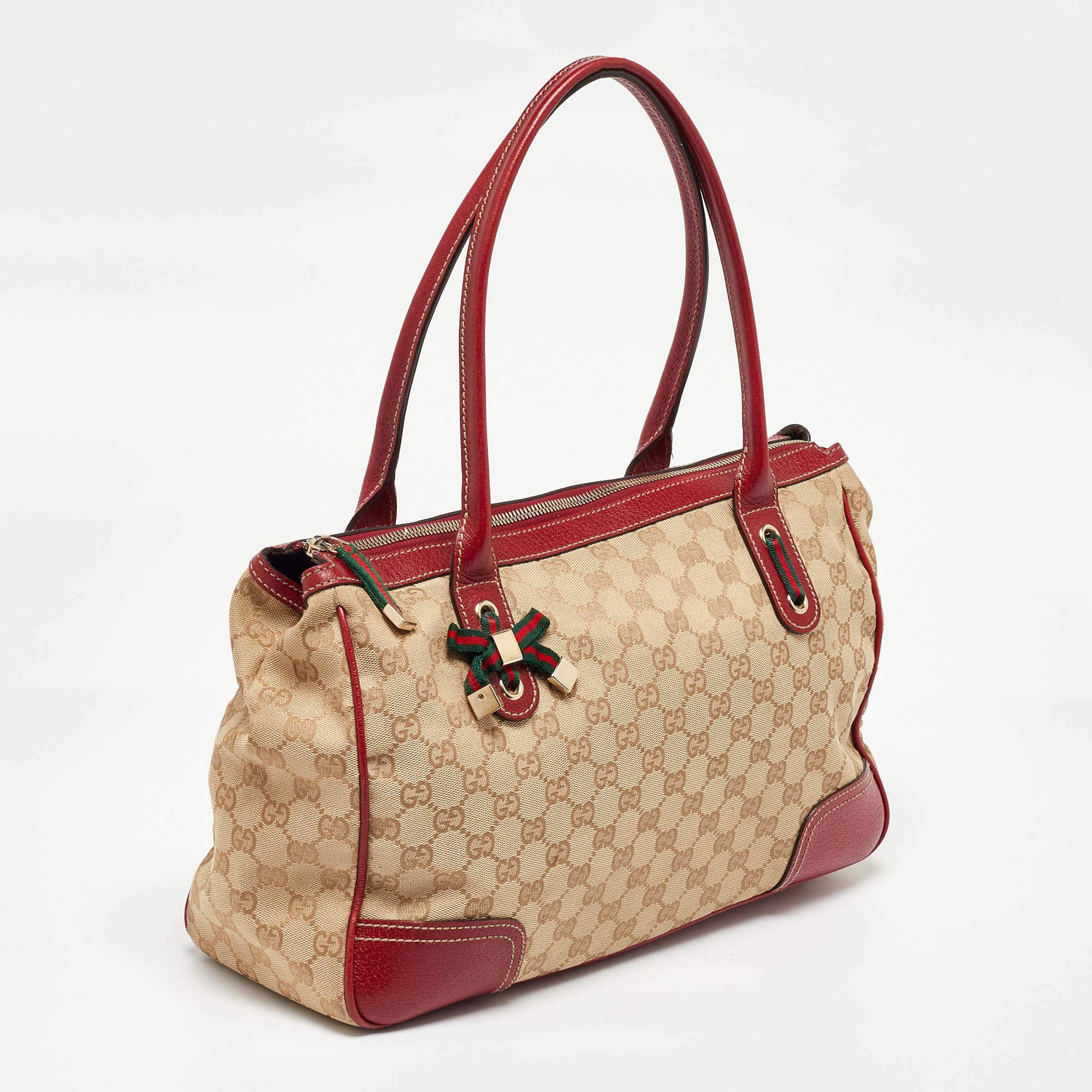 Gucci Beige/Red GG Canvas and Leather Princy Tote In Good Condition In Dubai, Al Qouz 2