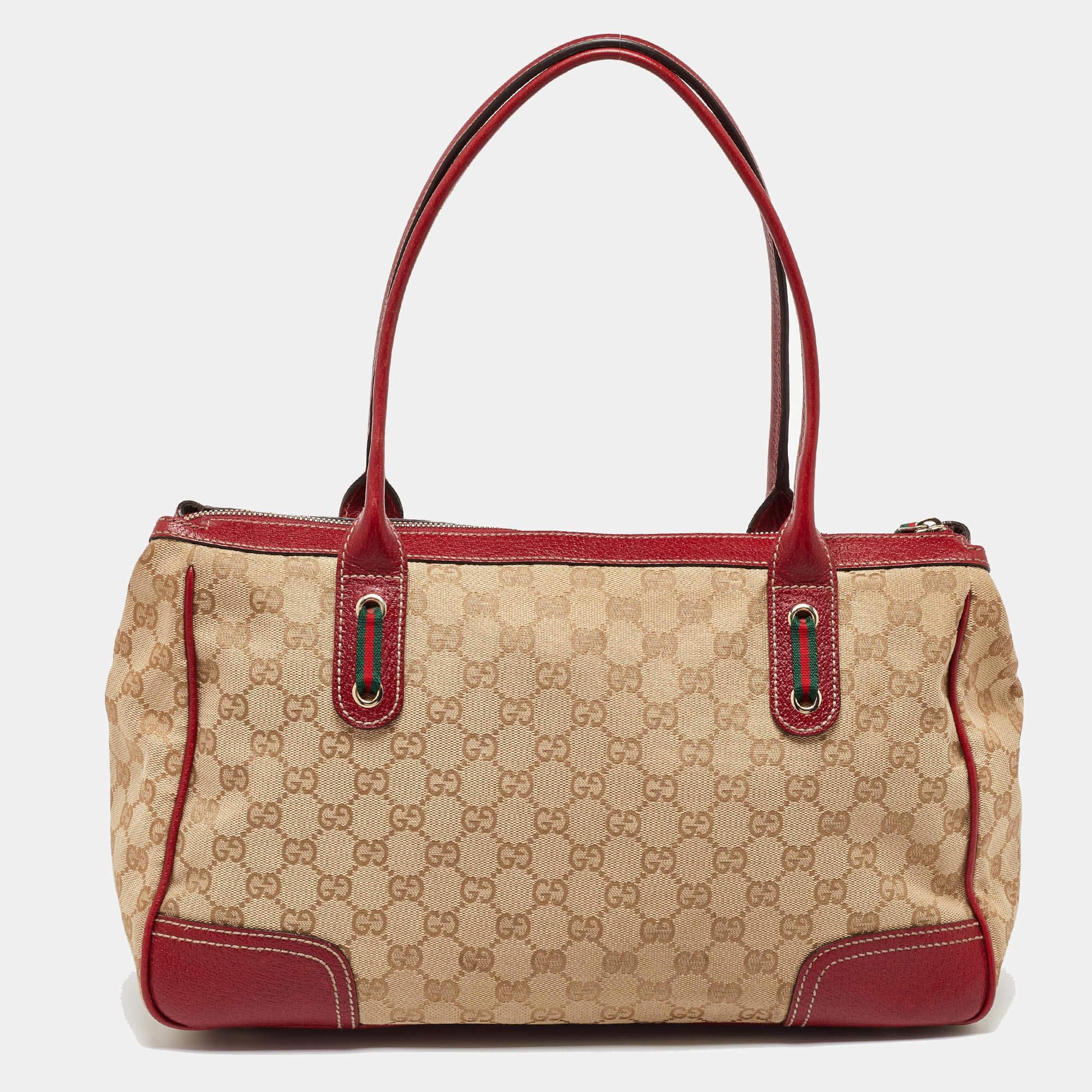 Women's Gucci Beige/Red GG Canvas and Leather Princy Tote