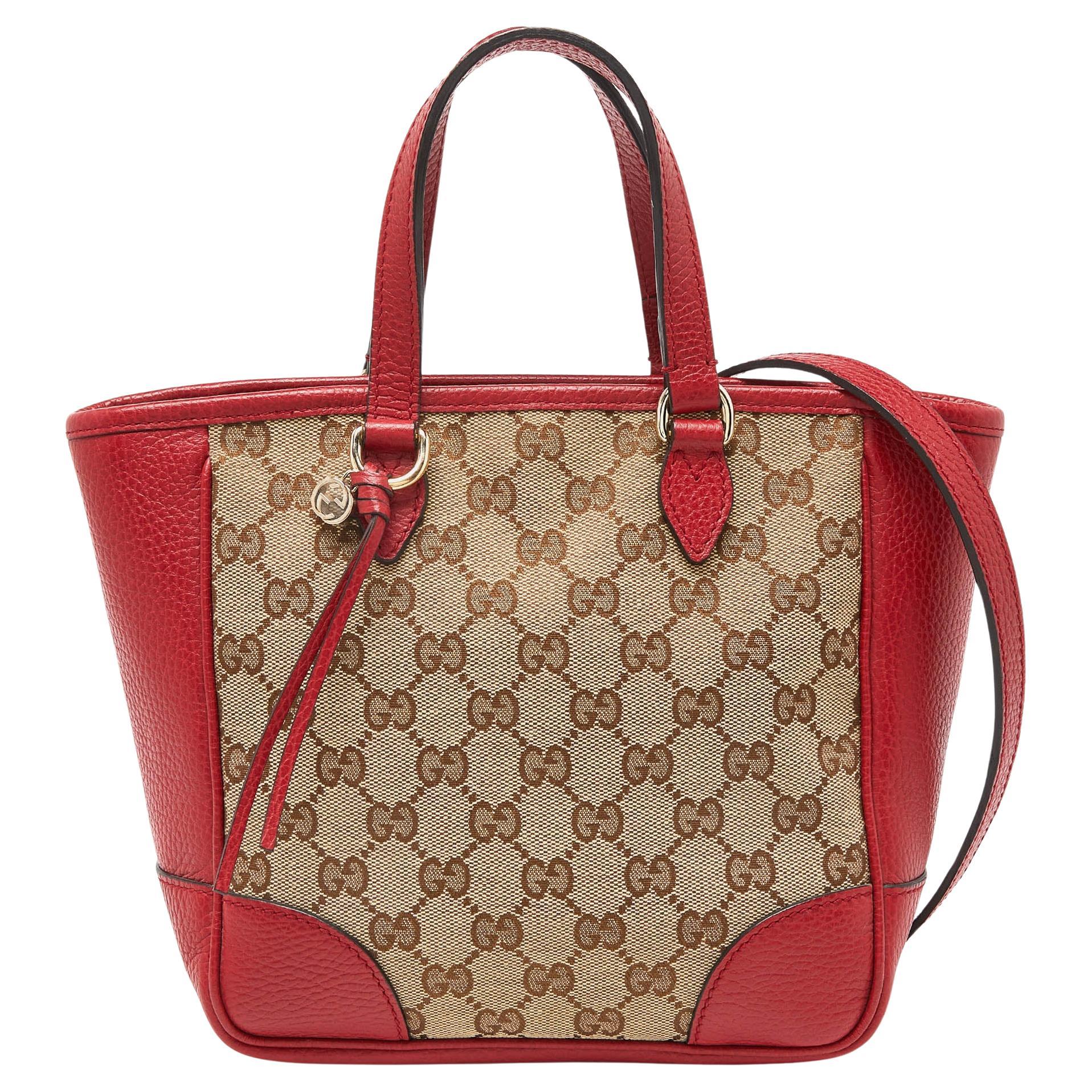Gucci Beige/Red GG Canvas and Leather Small Bree Tote For Sale
