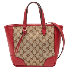 Used Gucci Beige/Red GG Canvas and Leather Small Bree Tote
