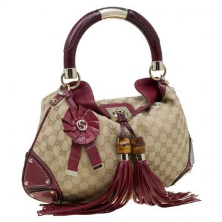 Gucci Beige/Rote GG Canvas und Python Medium Indy Top Handle Bag aus Segeltuch (Braun) im Angebot