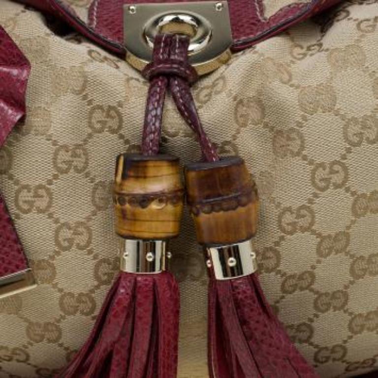 Gucci Beige/Rote GG Canvas und Python Medium Indy Top Handle Bag aus Segeltuch Damen im Angebot