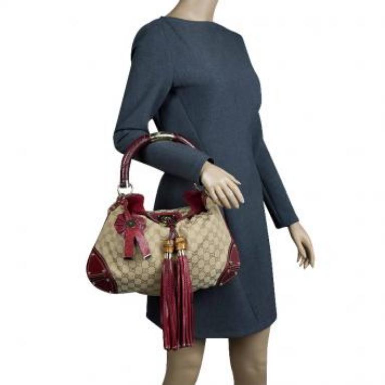 Gucci Beige/Rote GG Canvas und Python Medium Indy Top Handle Bag aus Segeltuch im Angebot 4