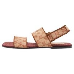 Used Gucci Beige/Red GG Canvas Flat Sandals Size 42
