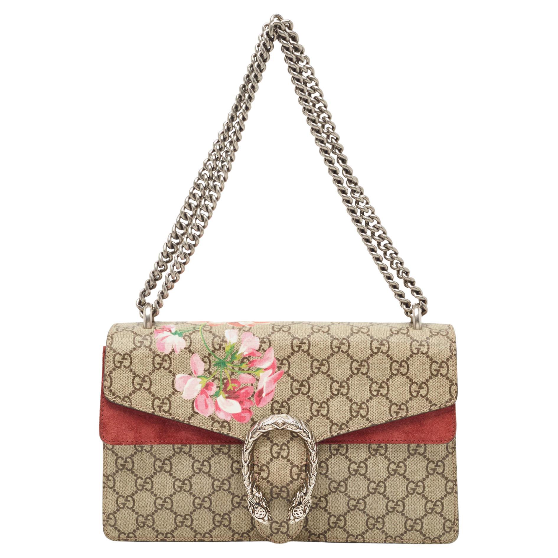 Gucci Beige/Red GG Supreme And Suede Small Dionysus Shoulder Bag