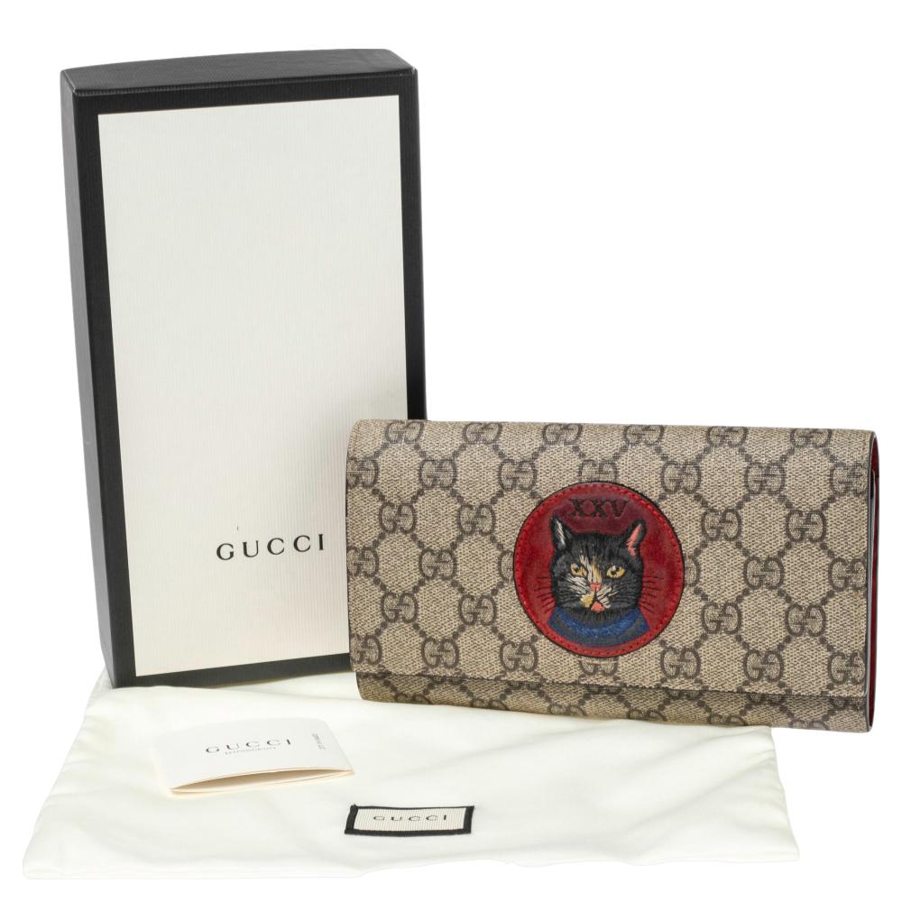 Gucci Beige/Red GG Supreme Canvas and Leather Mystic Cat Continental Wallet 3