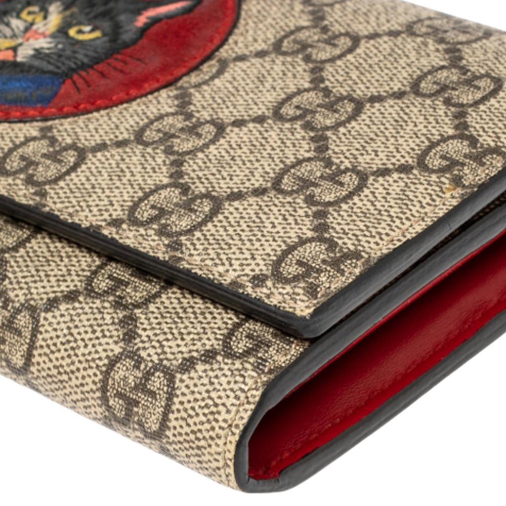 Brown Gucci Beige/Red GG Supreme Canvas and Leather Mystic Cat Continental Wallet