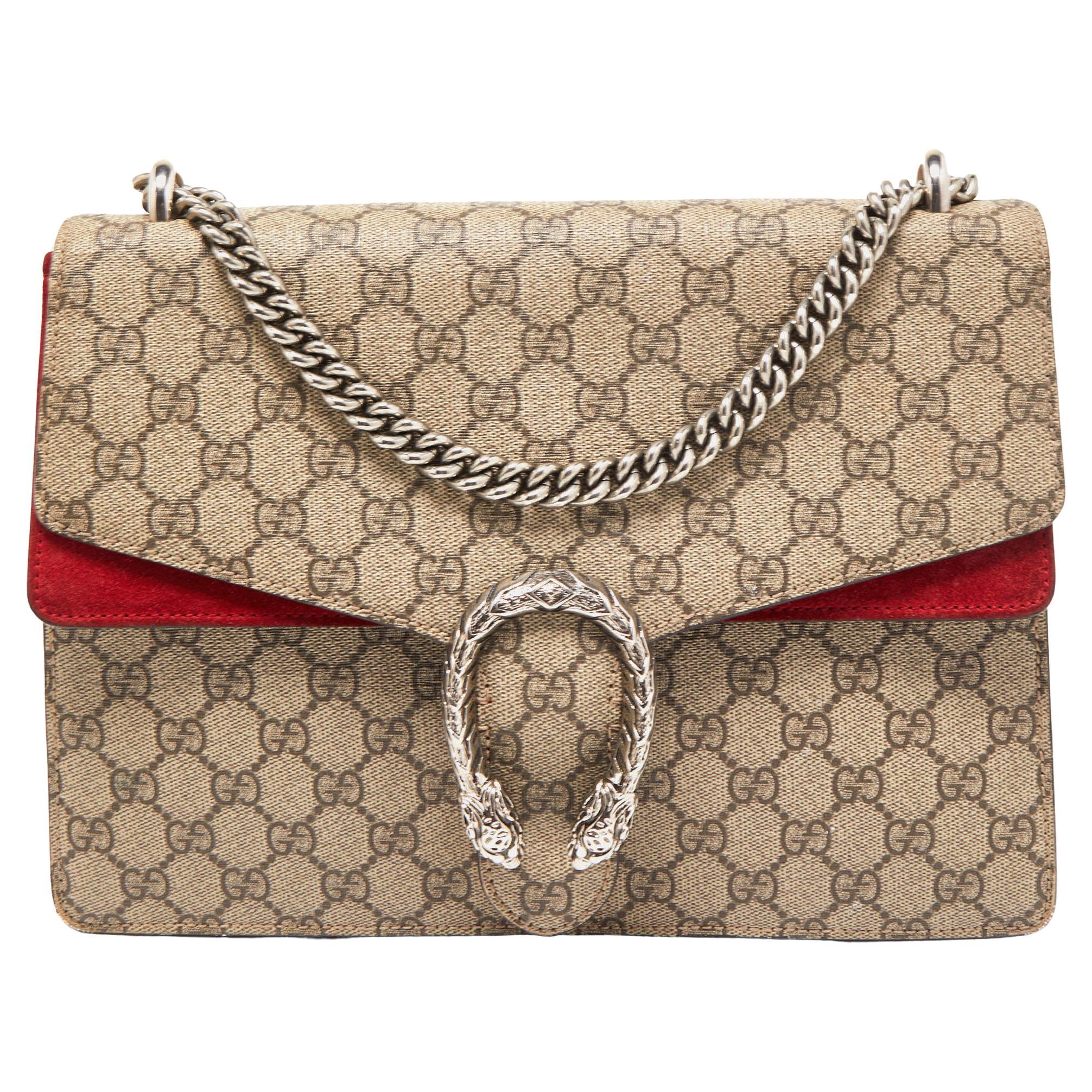 Gucci Beige/Red GG Supreme Canvas and Suede Medium Dionysus Shoulder Bag