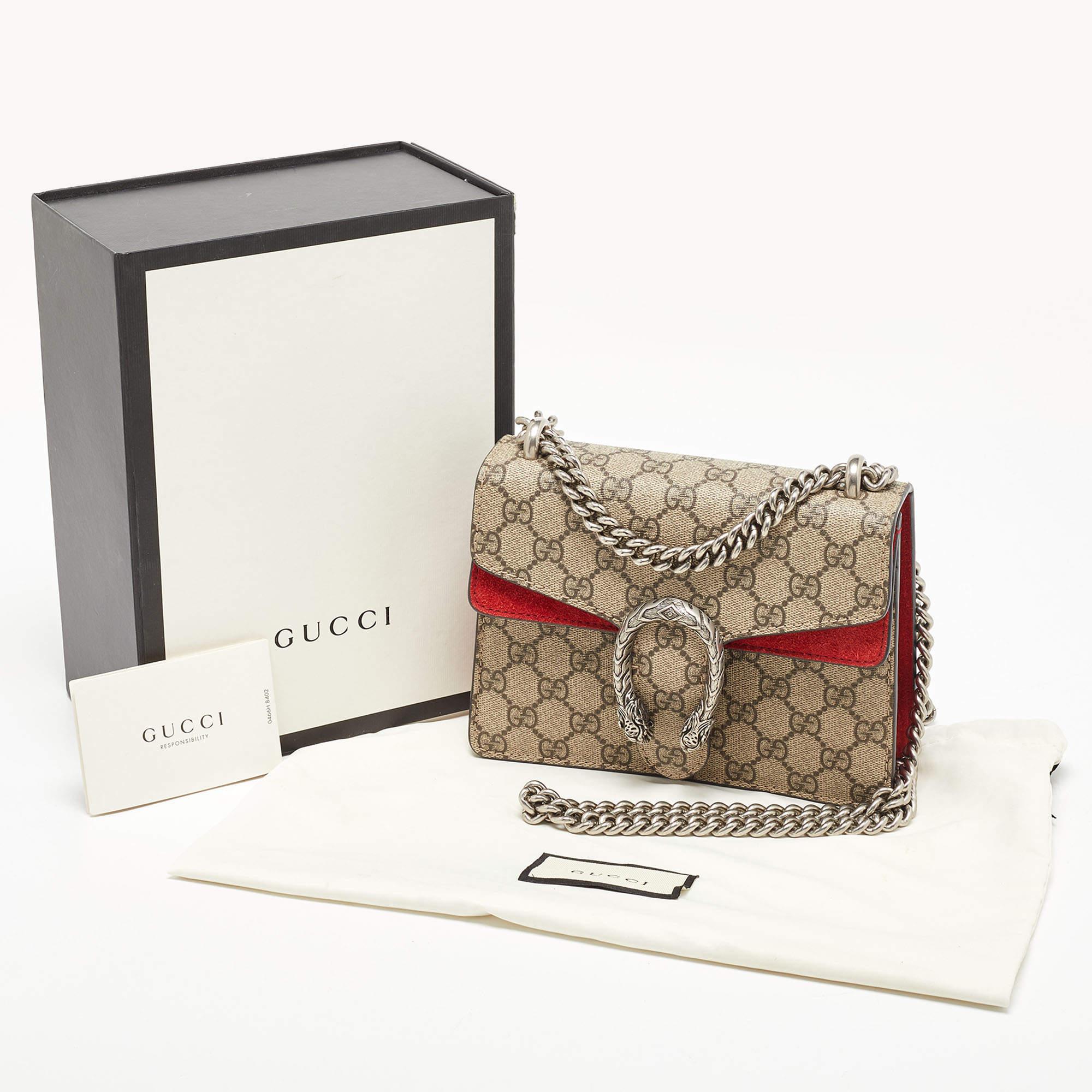 Women's Gucci Beige/Red GG Supreme Canvas and Suede Mini Dionysus Shoulder Bag