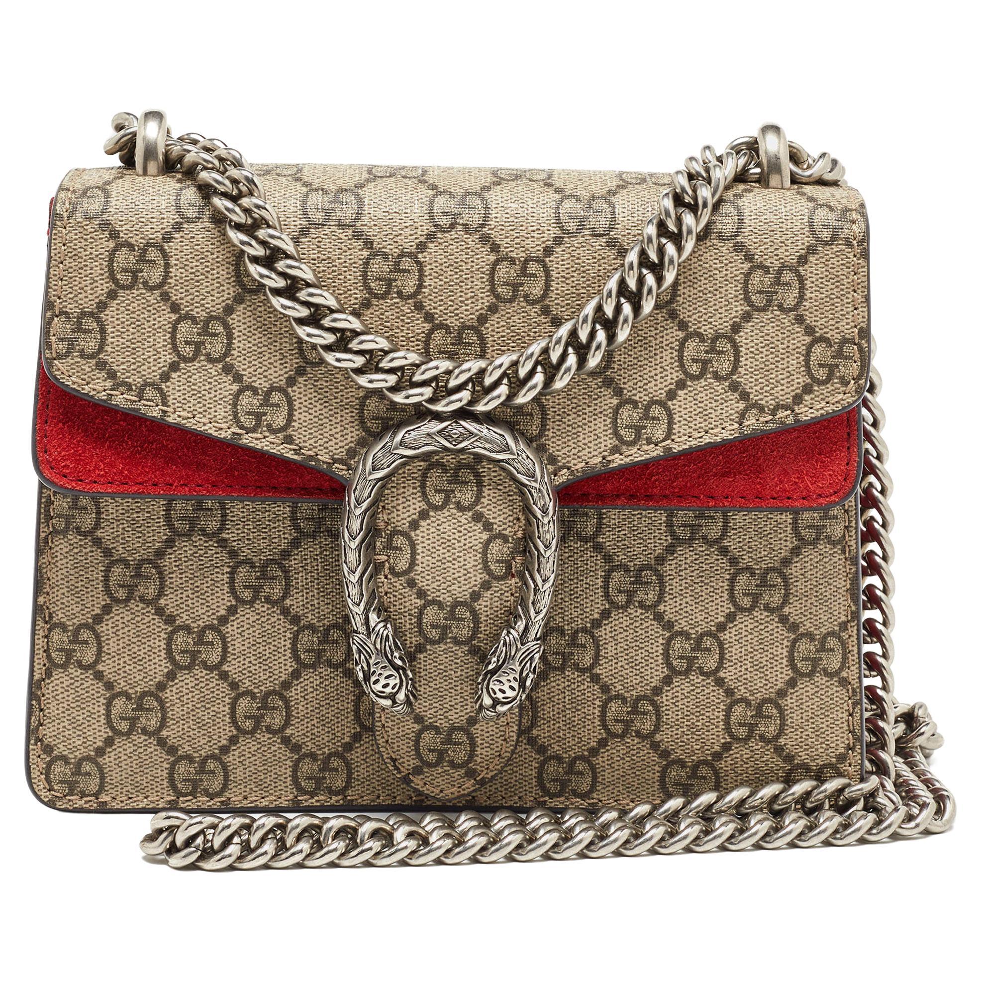 Gucci Beige/Red GG Supreme Canvas and Suede Mini Dionysus Shoulder Bag