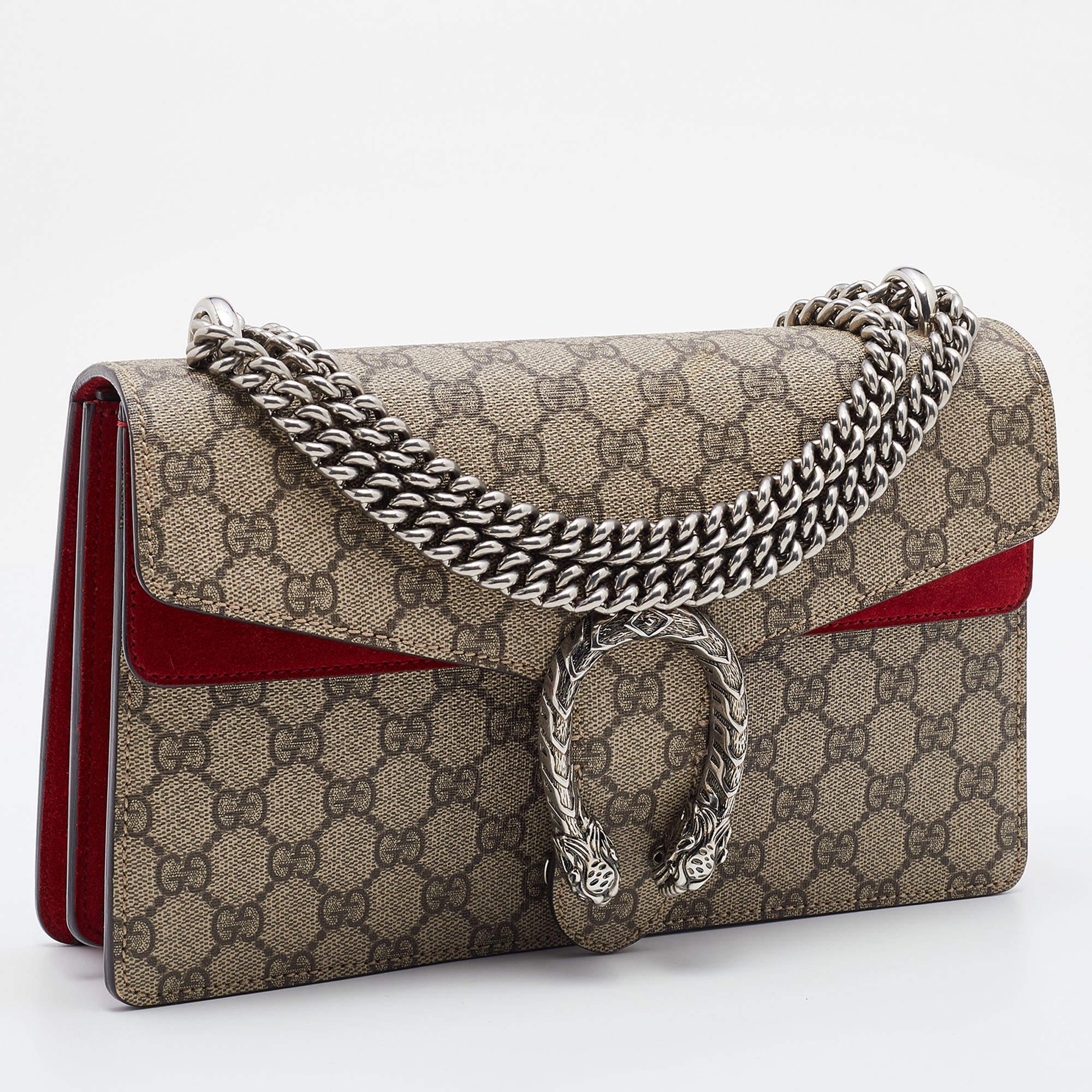 Women's Gucci Beige/Red GG Supreme Canvas and Suede Small Dionysus Shoulder Bag