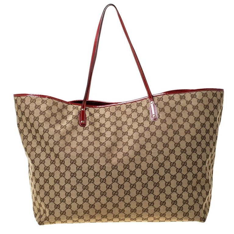 GUCCI Beige GG Monogram Canvas Red Leather Trim & Dual Handle Tote Sho –  Second Wave Couture
