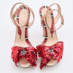 Gucci Beige/Red Sequin and Satin Bow Platform Ankle Strap Sandals Size 38