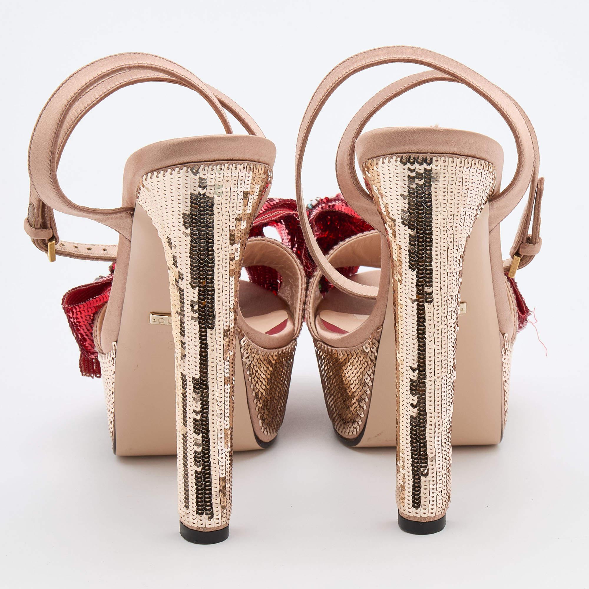 Gucci Beige/Red Sequin and Satin Bow Platform Ankle Strap Sandals Size 38 In Good Condition In Dubai, Al Qouz 2