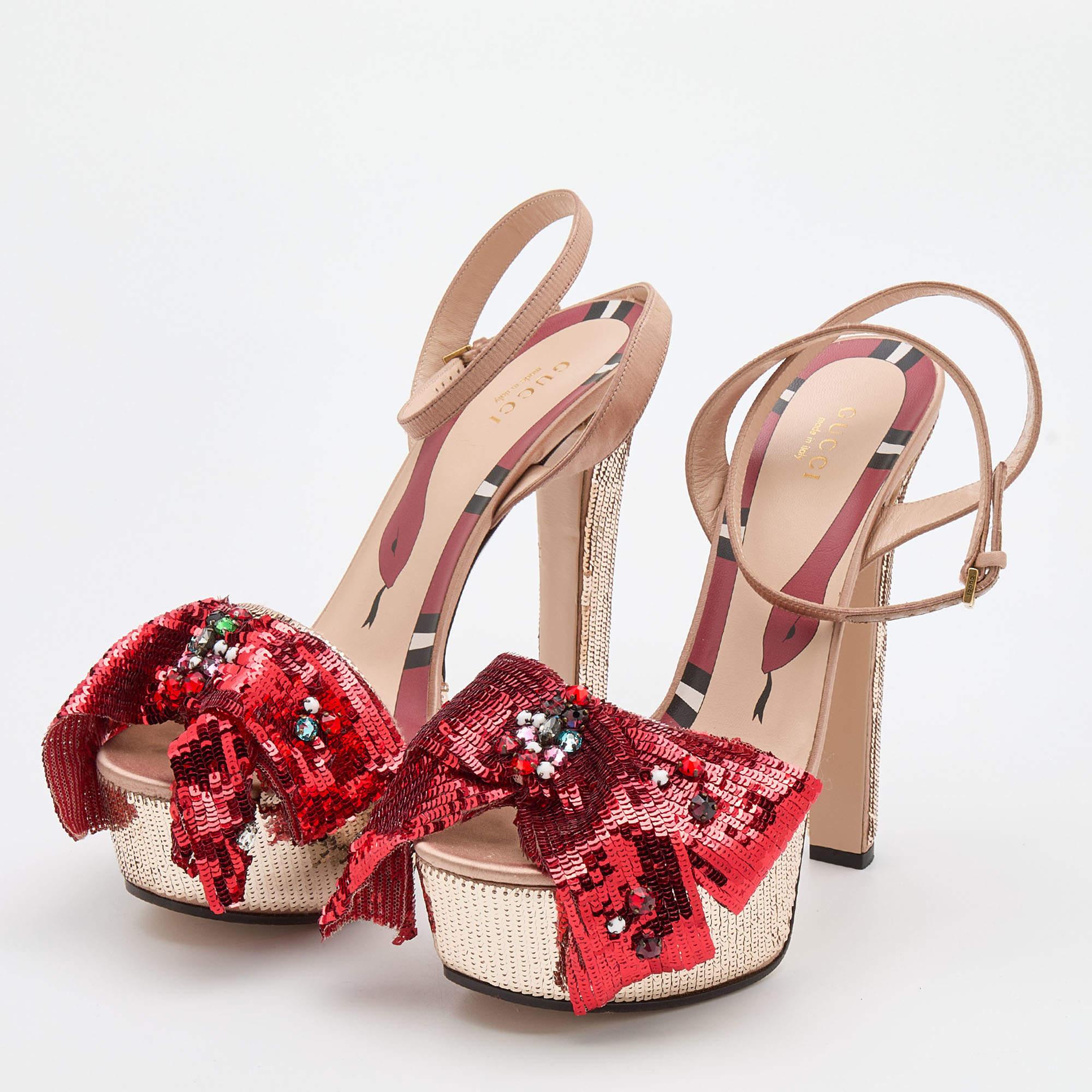 Women's Gucci Beige/Red Sequin and Satin Bow Platform Ankle Strap Sandals Size 38