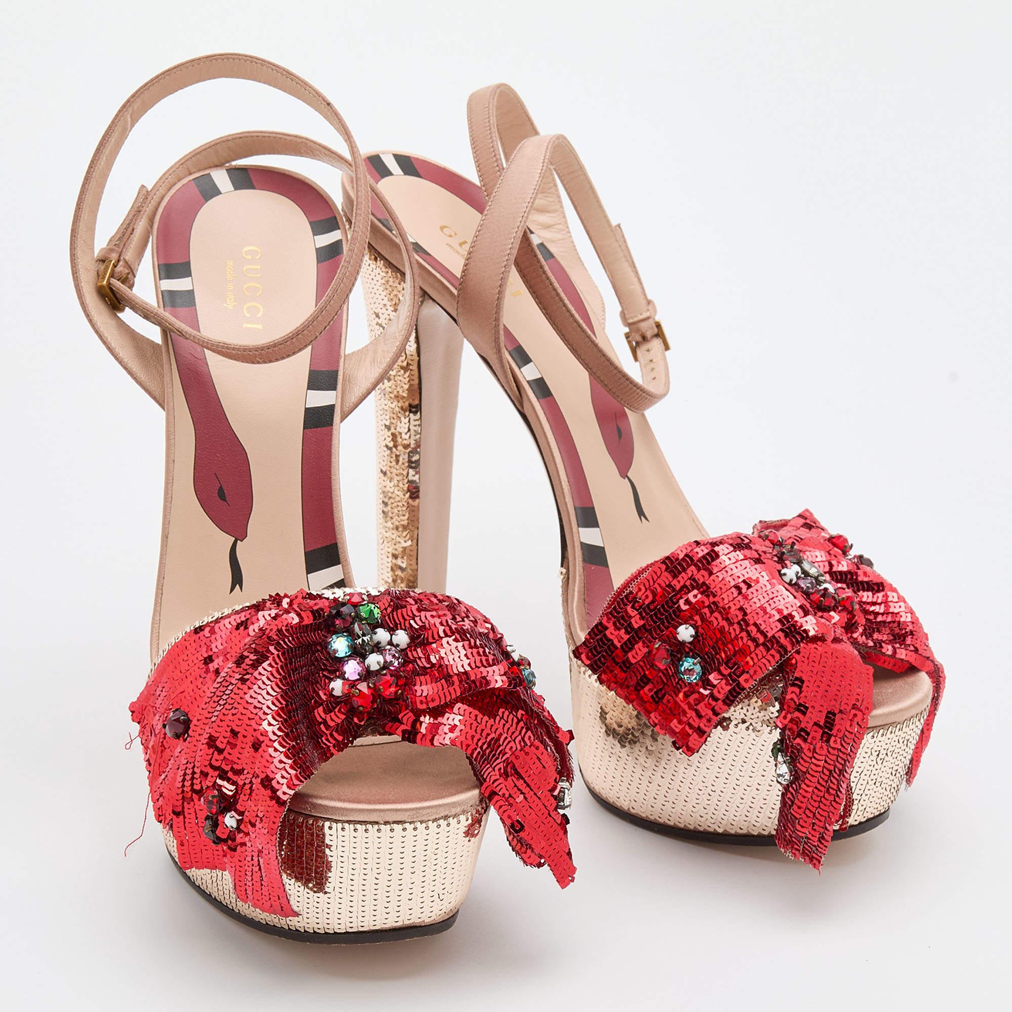 Gucci Beige/Red Sequin and Satin Bow Platform Ankle Strap Sandals Size 38 1