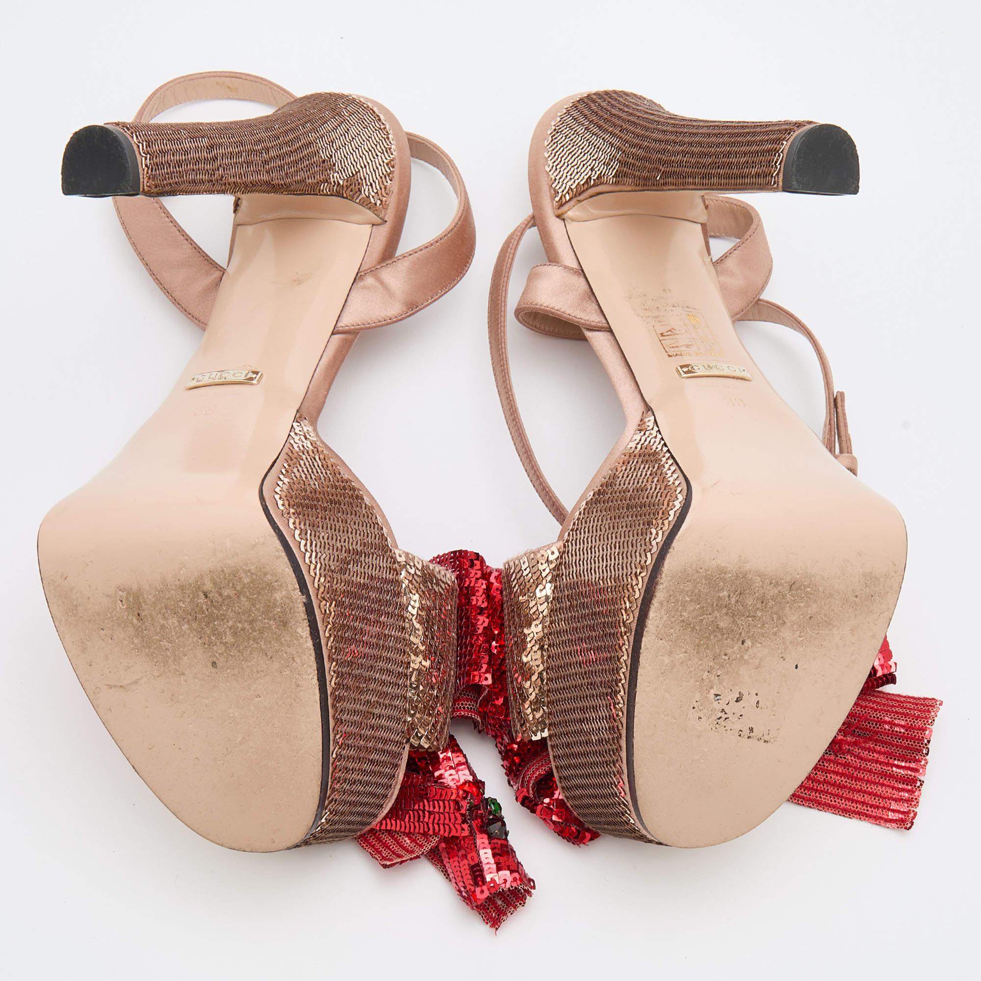Gucci Beige/Red Sequin and Satin Bow Platform Ankle Strap Sandals Size 38 5