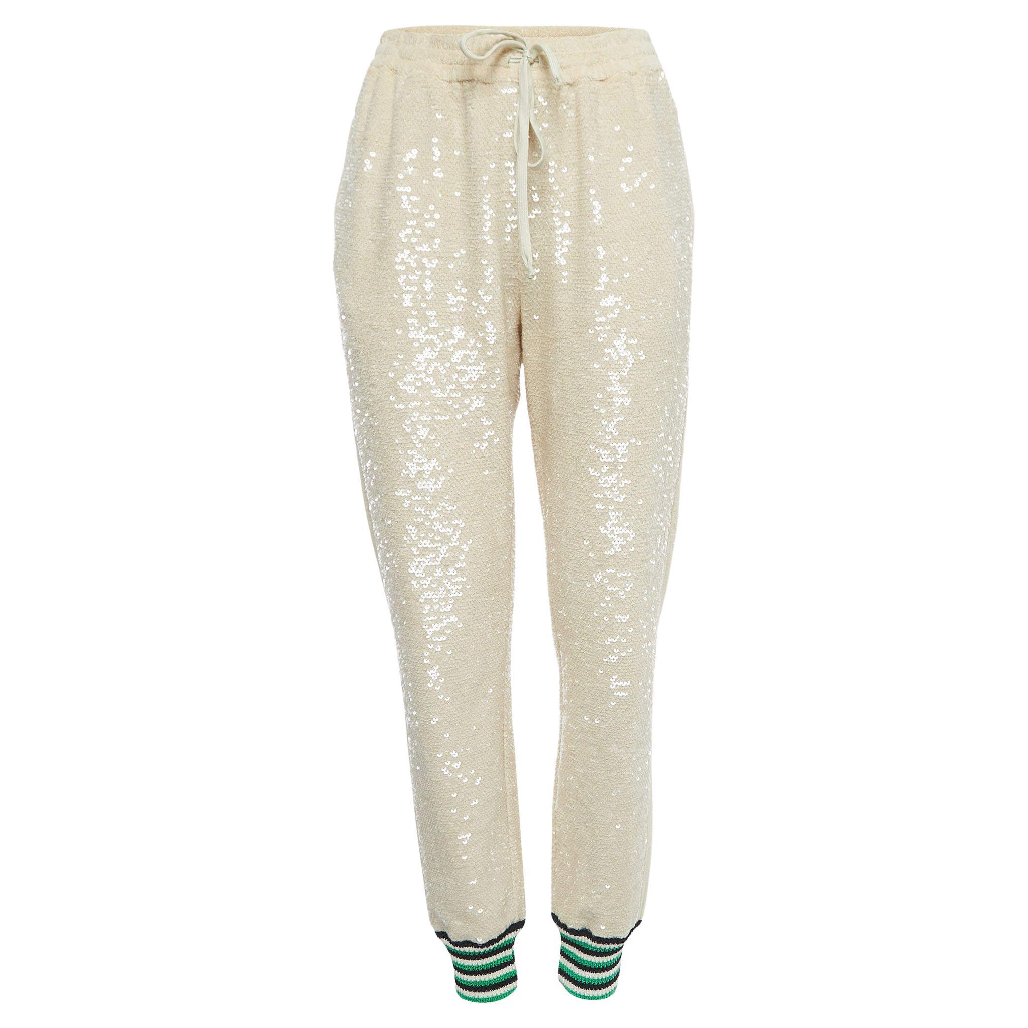 Beige Paillettenbesetzte Baumwoll-Jogginghose mit Kordelzug von Gucci L im Angebot