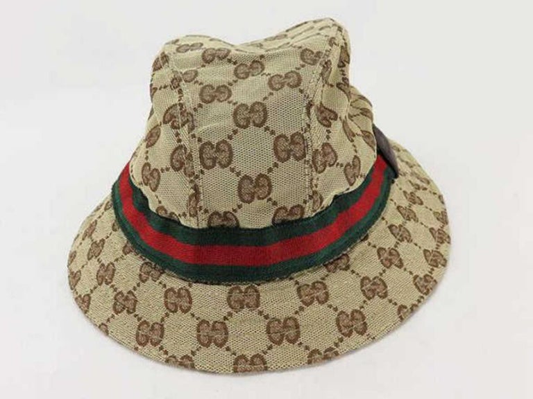 Gucci Beige Logo Monogram Web Detail GG Canvas Bucket Hat S Gucci