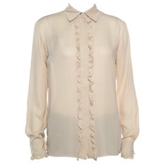 Gucci Beige Silk Ruffle Placket and Cuff Detail Long Sleeve Blouse S