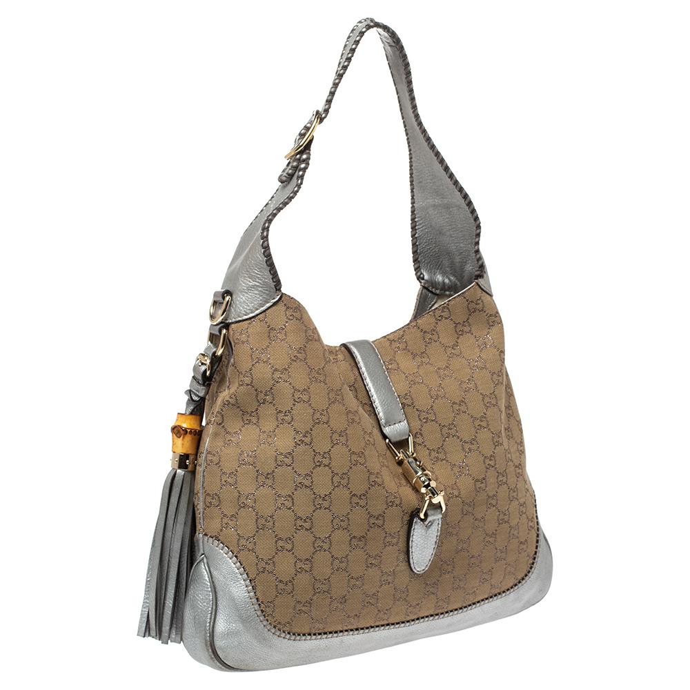 Gucci Beige/Silver GG Canvas and Leather New Jackie Hobo In Fair Condition In Dubai, Al Qouz 2