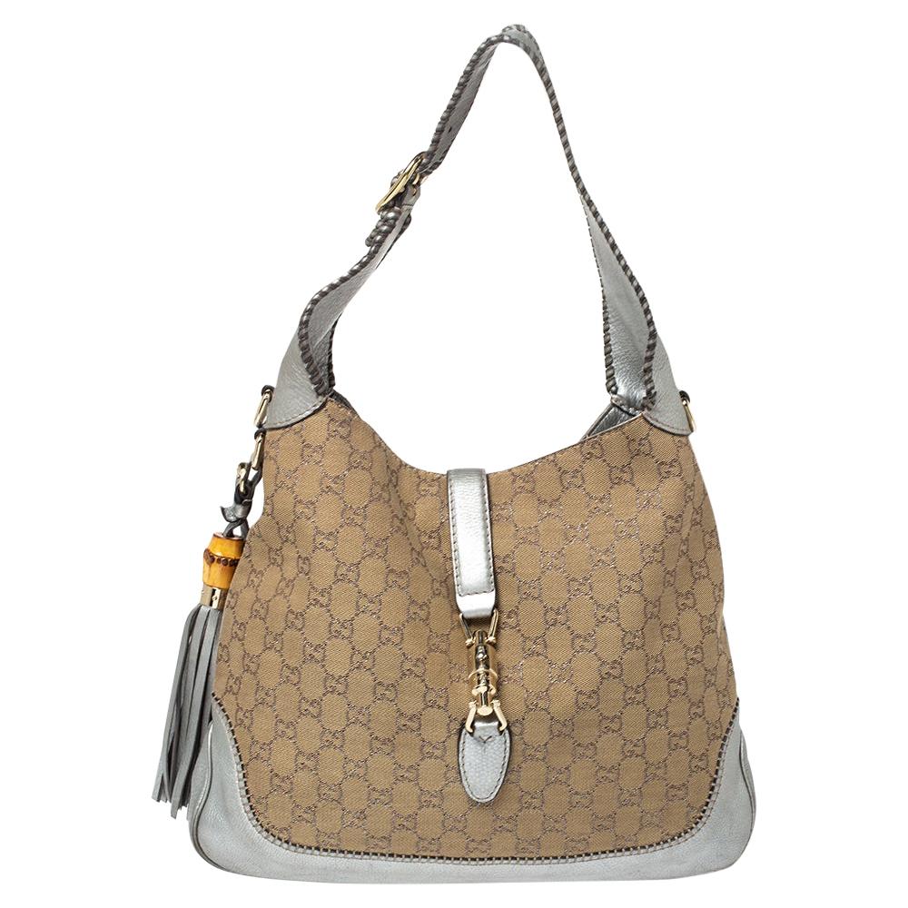 Gucci Beige/Silver GG Canvas and Leather New Jackie Hobo