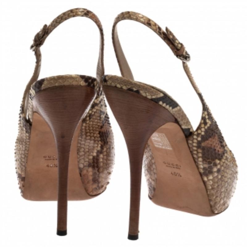Gucci Beige Snakeskin Slingback Peep Toe Sandals Size 40.5 For Sale 1