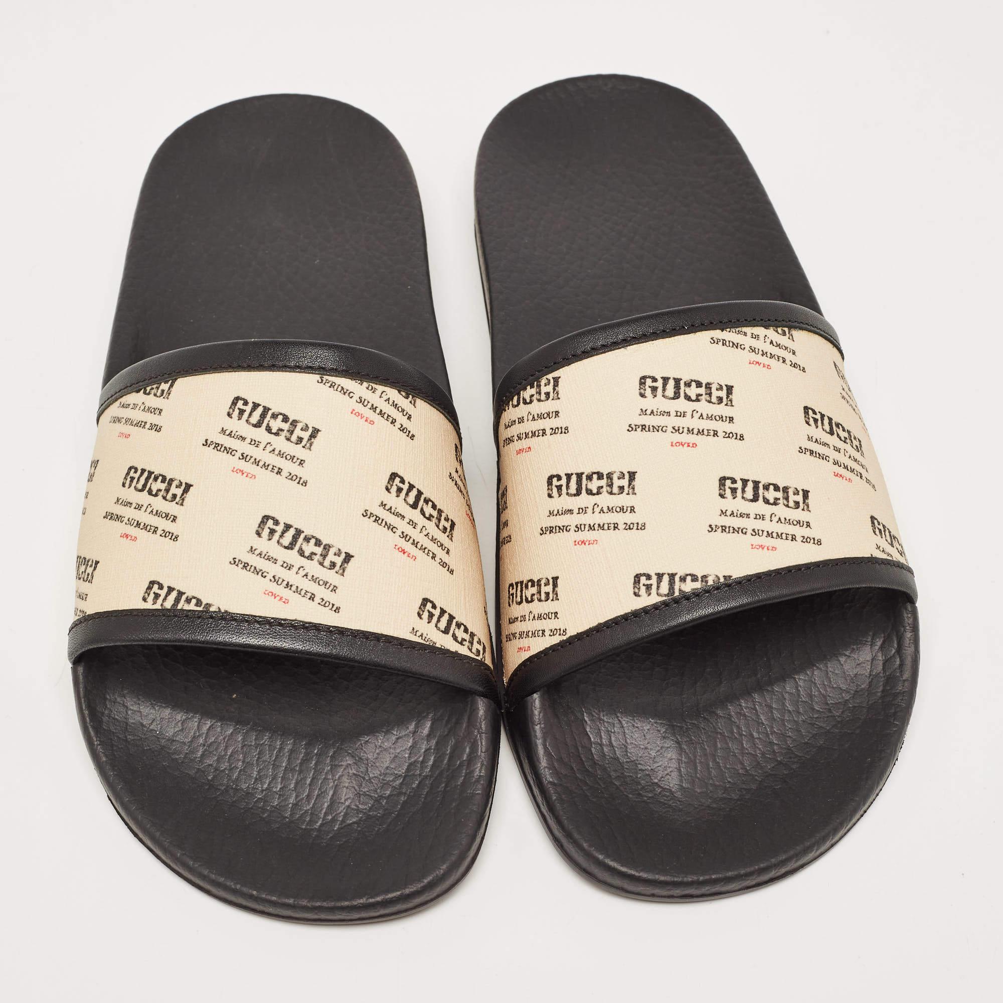 Gucci's rubber slides for women have stamp prints on the coated canvas uppers. They're perfect for the beach, vacation days, or everyday use.

Includes: Original Dustbag, Original Box

