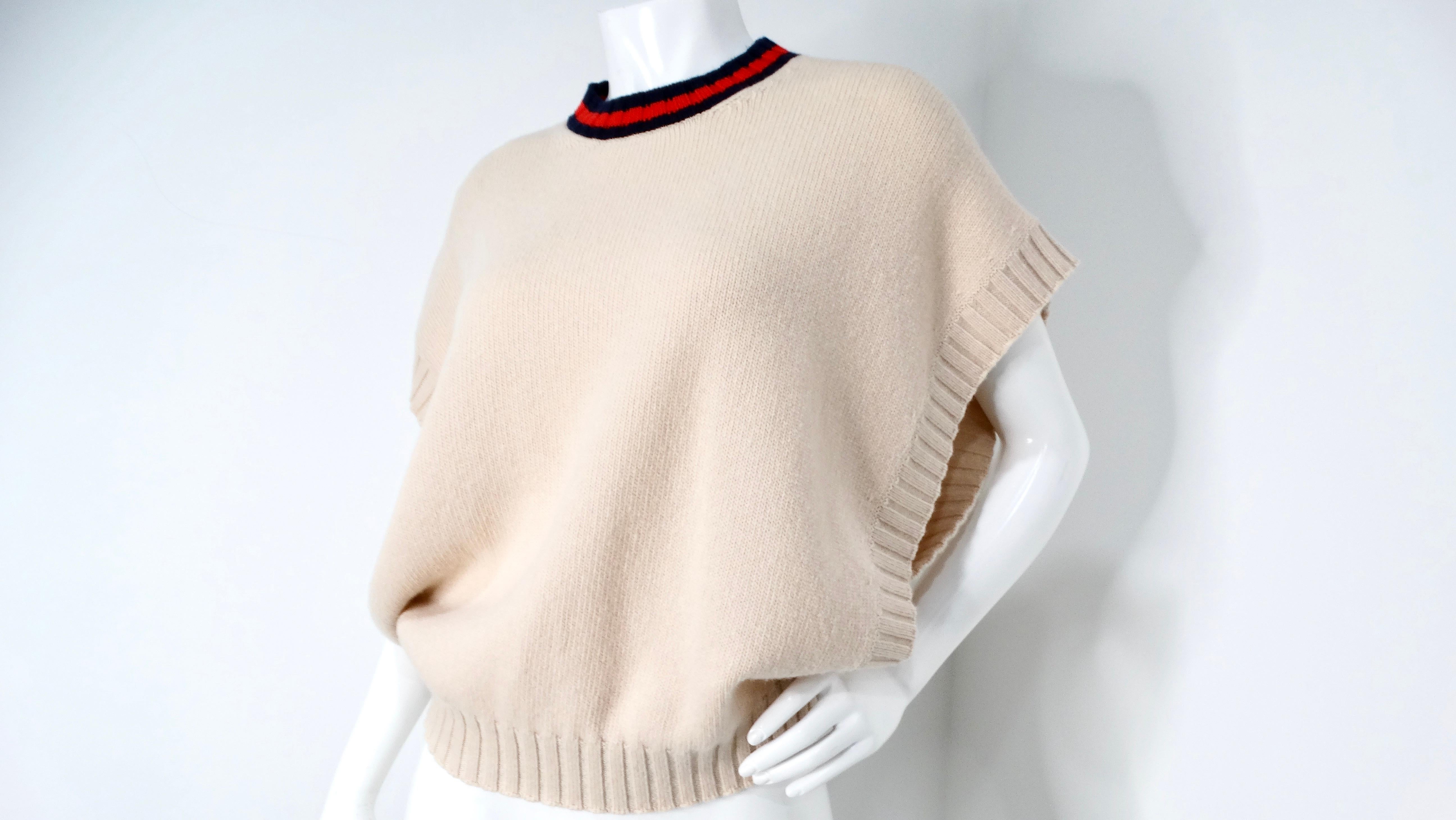 De las mujeres Gucci Chaleco De Lana Beige Con Cuello A Rayas Y Logo GG Entrelazado Bordado en venta