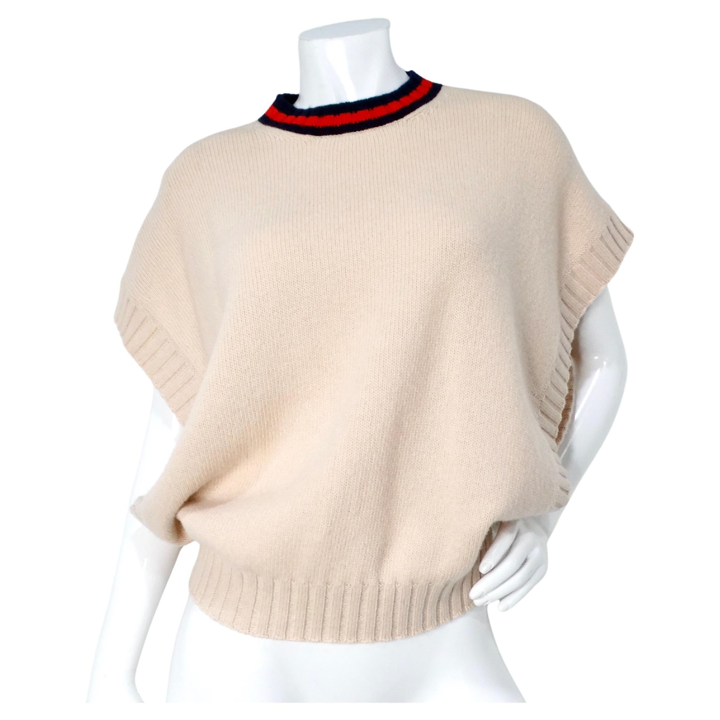 Gucci Beige & Stripe Collar Wool Vest With Embroidered Interlocking GG Logo