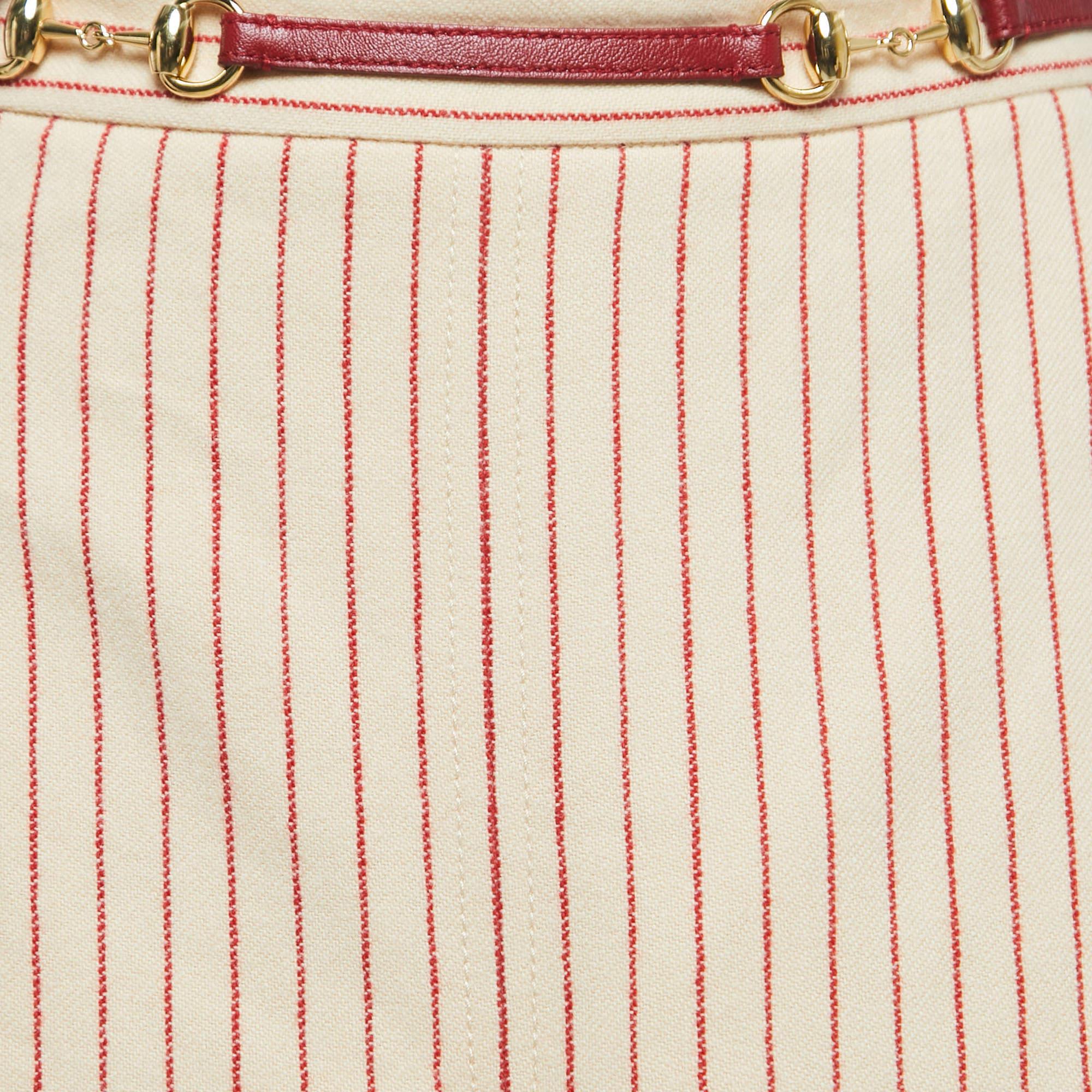 Gucci Beige Striped Wool Horsebit Belt Detailed Midi Skirt S 2