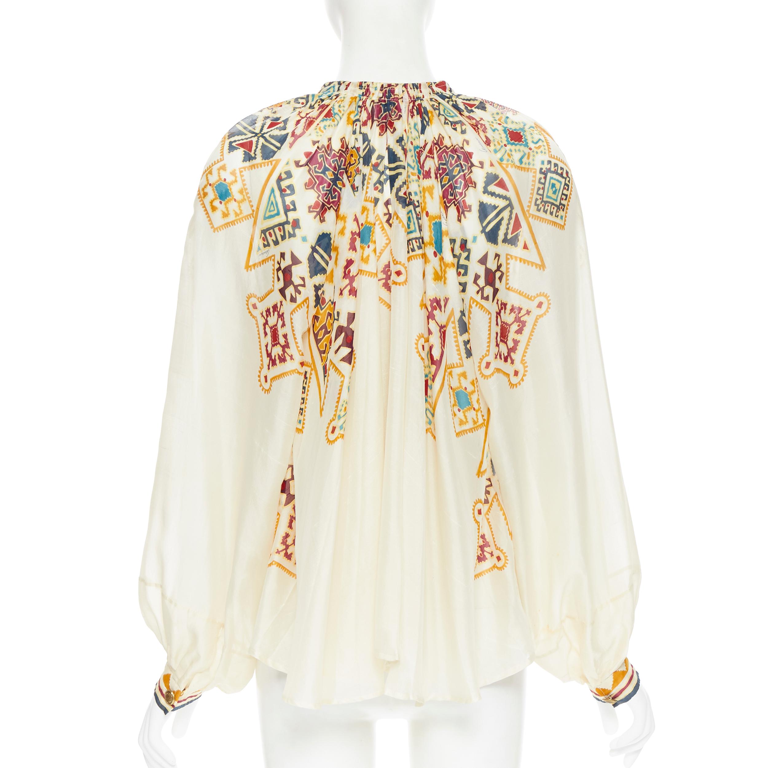 Women's GUCCI beige studded ethnic patch bohemian print wide sleeve blouse top IT42