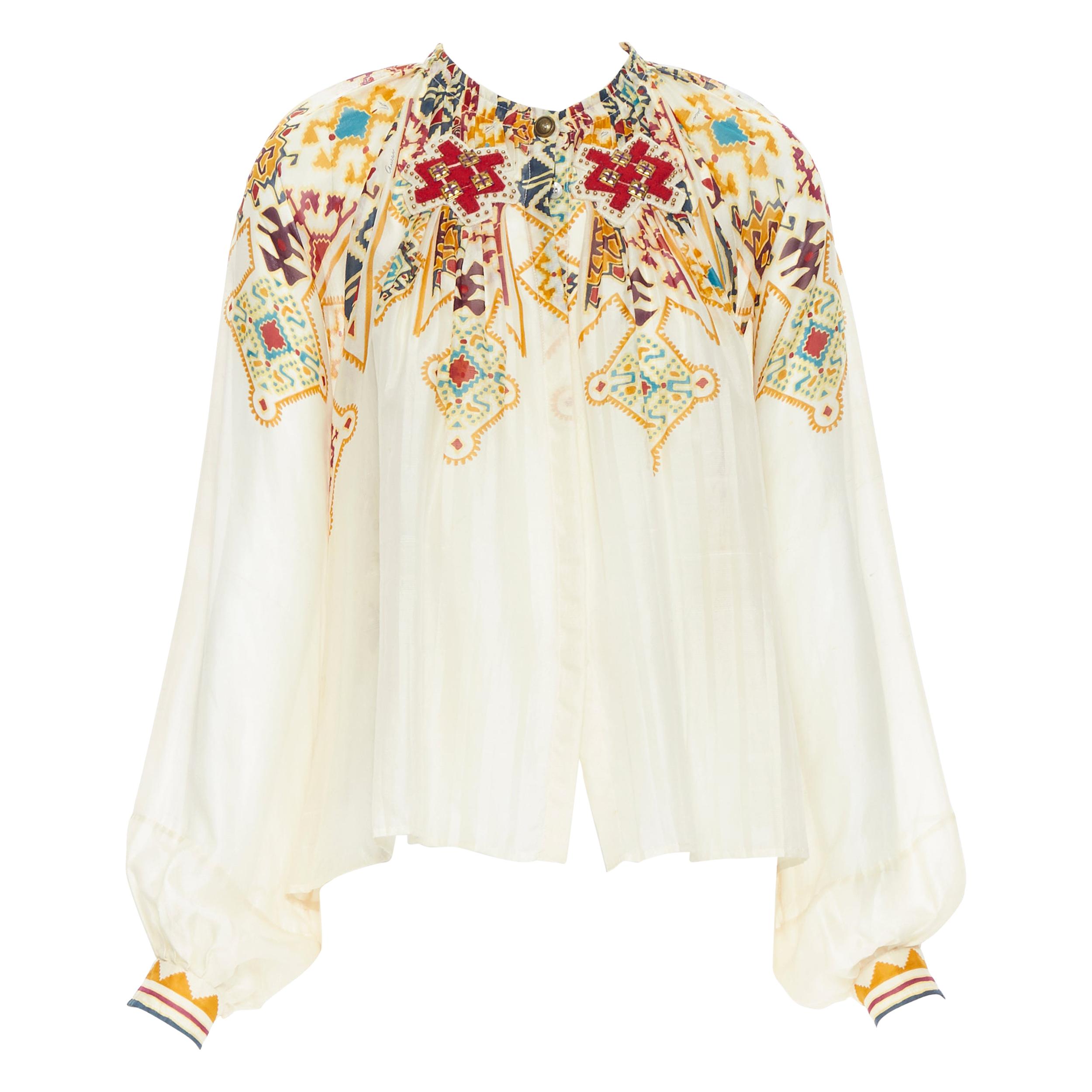 GUCCI beige studded ethnic patch bohemian print wide sleeve blouse top IT42