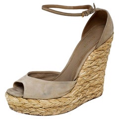 Gucci Beige Suede Raffia Wedge Peep Toe Ankle Strap Sandals Size 39