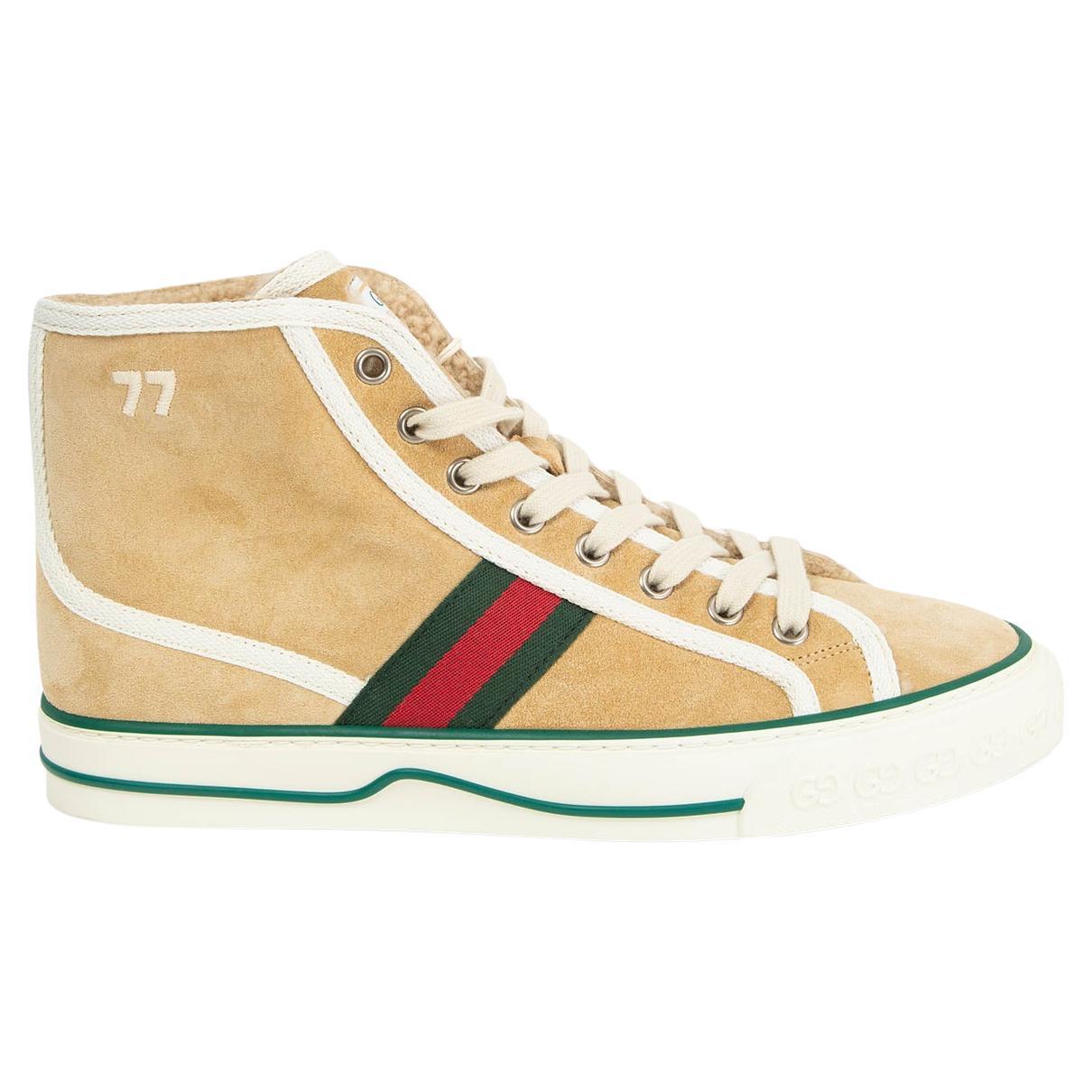 GUCCI beige suede TENNIS 1977 SHEARLING LINED High Top Sneakers Shoes 38 For Sale