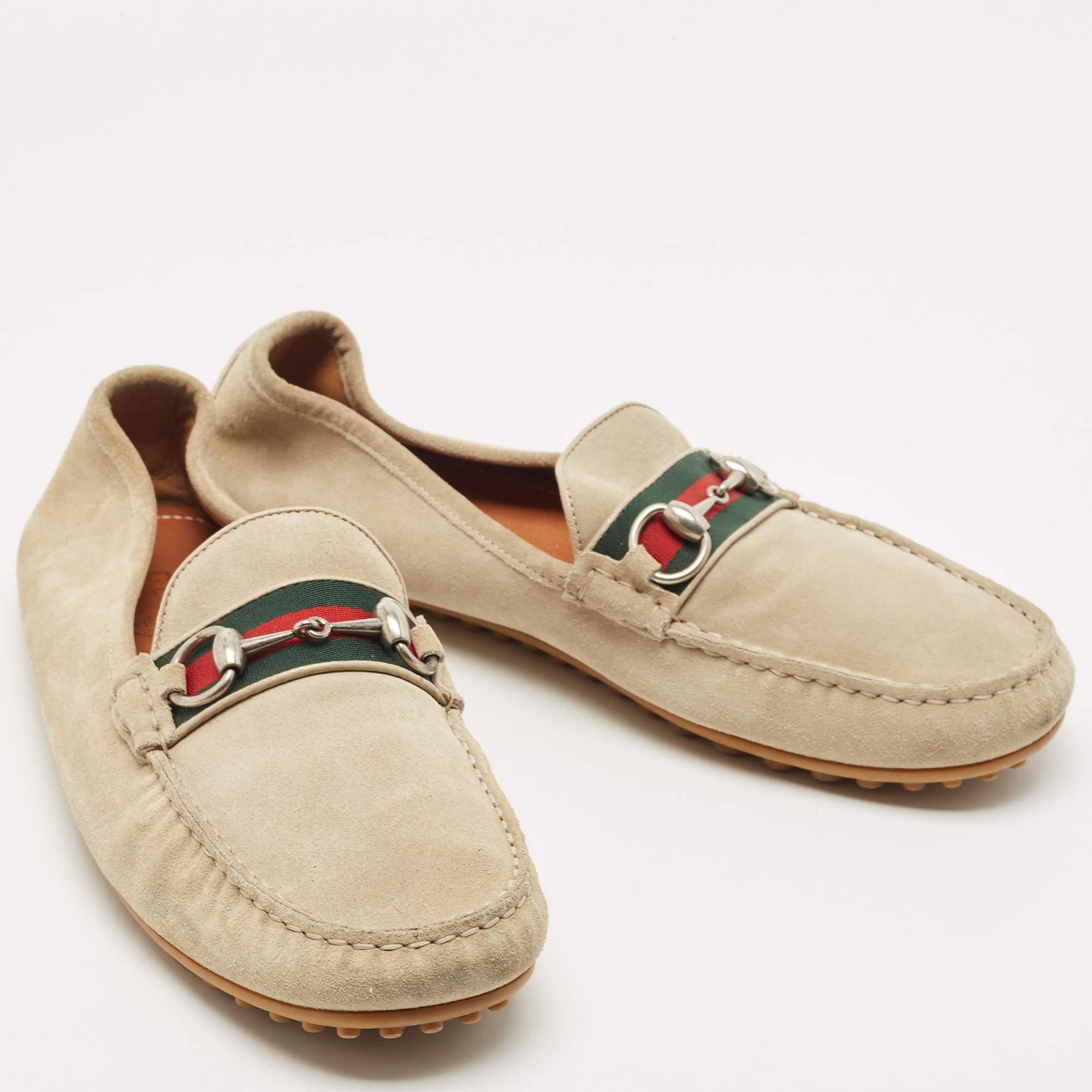 Gucci Beige Suede Web Horsebit Slip On Loafers Size 43 In Good Condition In Dubai, Al Qouz 2