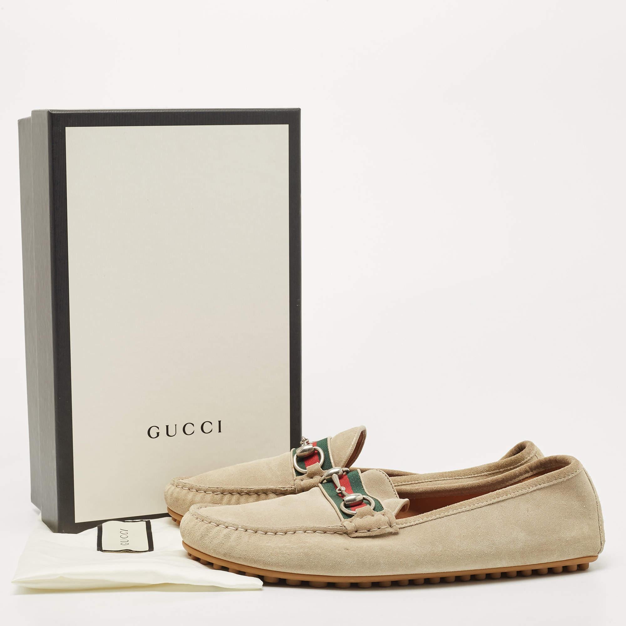 Gucci Beige Suede Web Horsebit Slip On Loafers Size 43 4