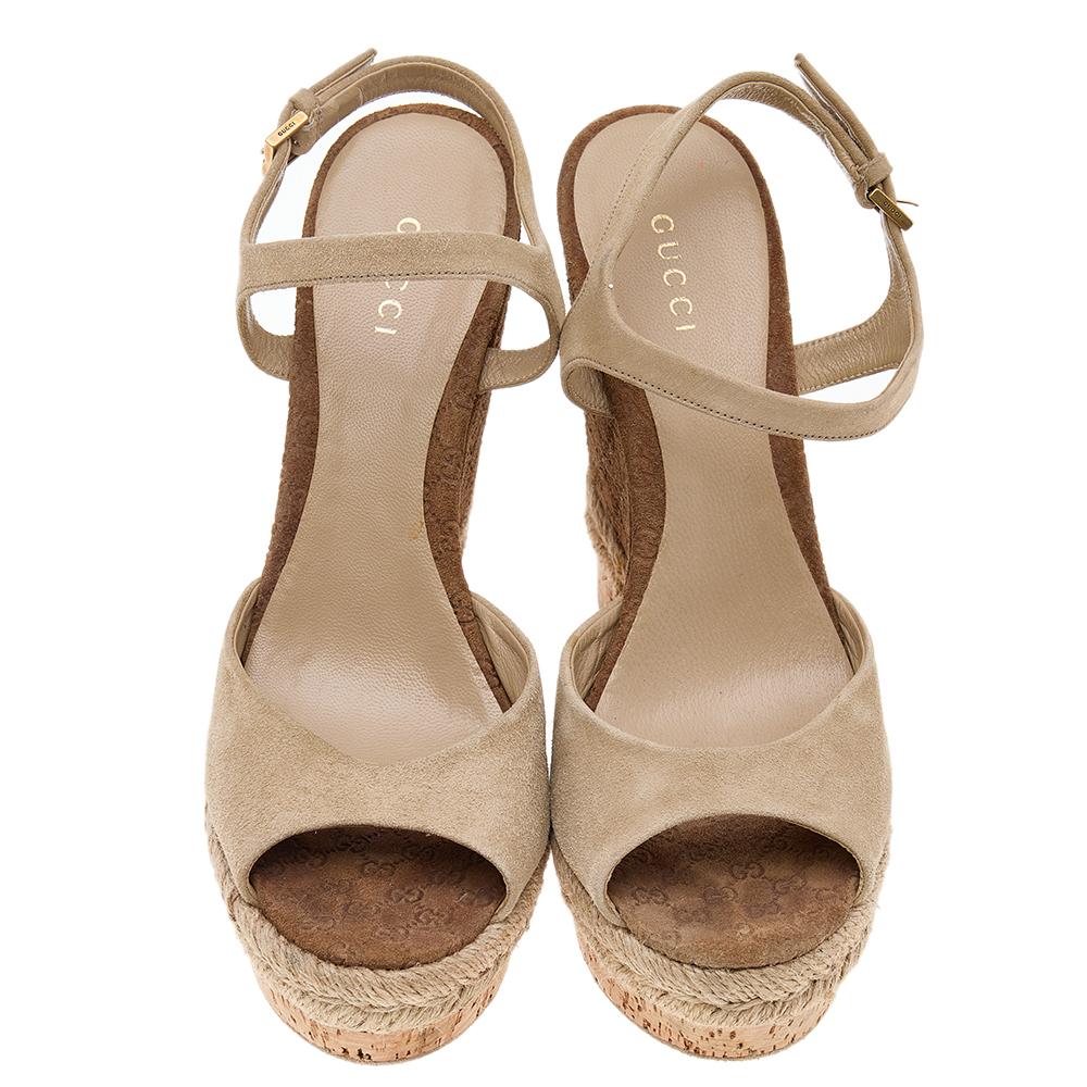 Women's Gucci Beige Suede Wedge Espadrille Platform Ankle Strap Sandals Size 36.5