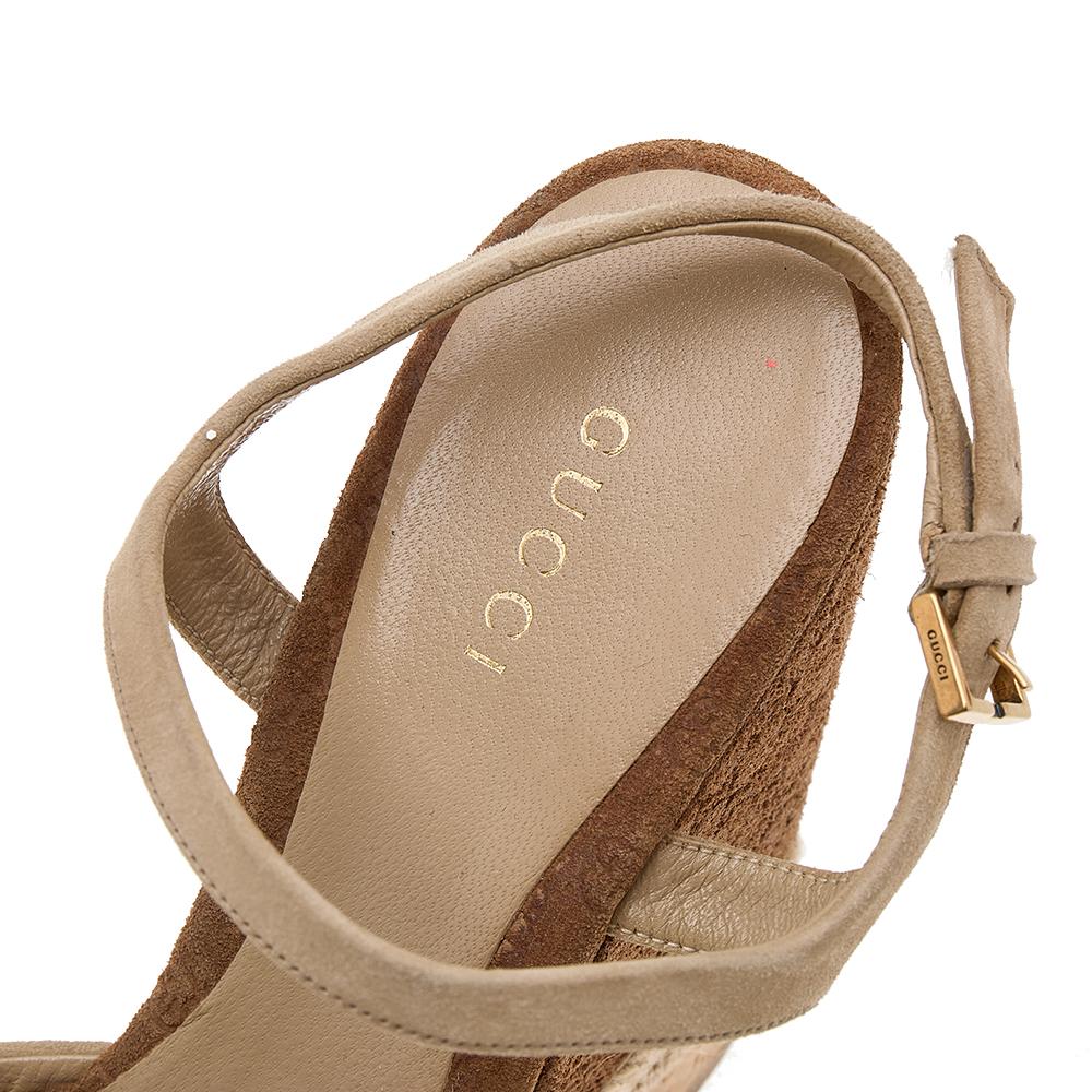 Gucci Beige Suede Wedge Espadrille Platform Ankle Strap Sandals Size 36.5 1