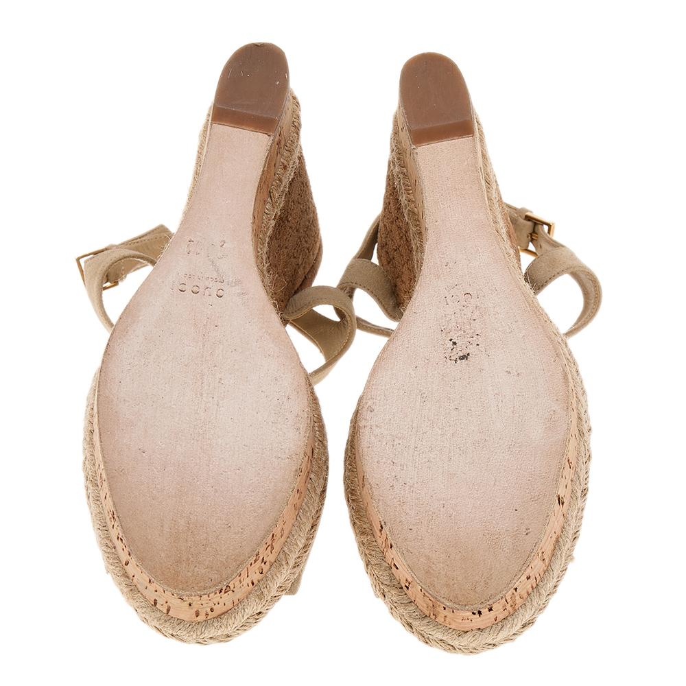 Gucci Beige Suede Wedge Espadrille Platform Ankle Strap Sandals Size 36.5 2