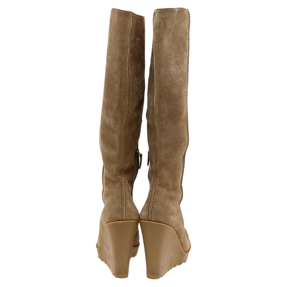 Women's Gucci Beige Suede Wedge Knee Length Boots Size 38