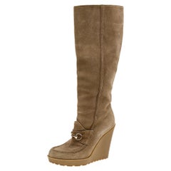 Gucci Beige Suede Wedge Knee Length Boots Size 38