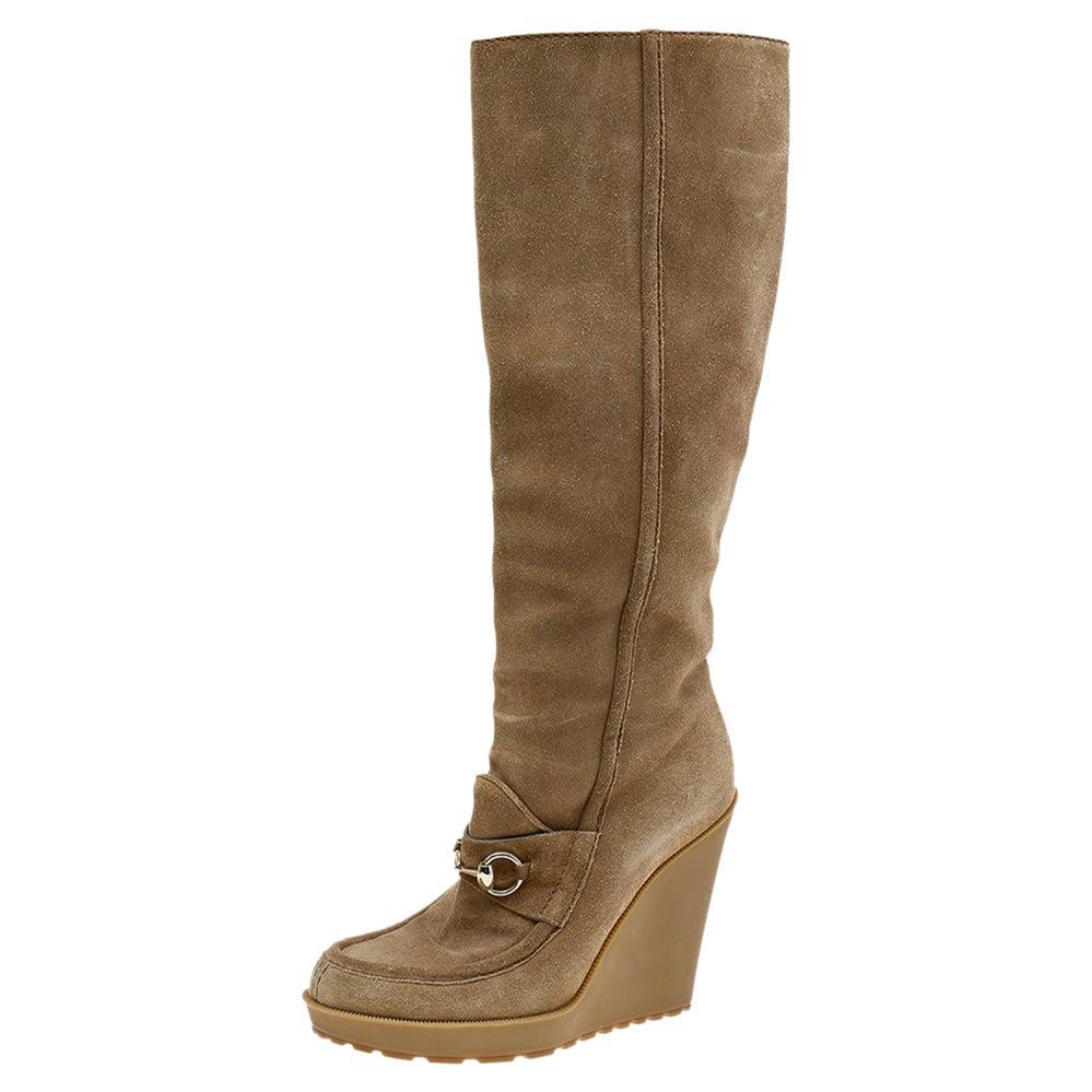 Gucci Beige Suede Wedge Knee Length Boots Size 38