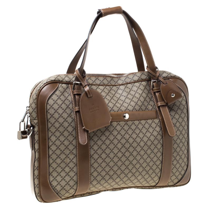 Gray Gucci Beige/Tan Diamante Canvas and Leather Zip Pocket Briefcase