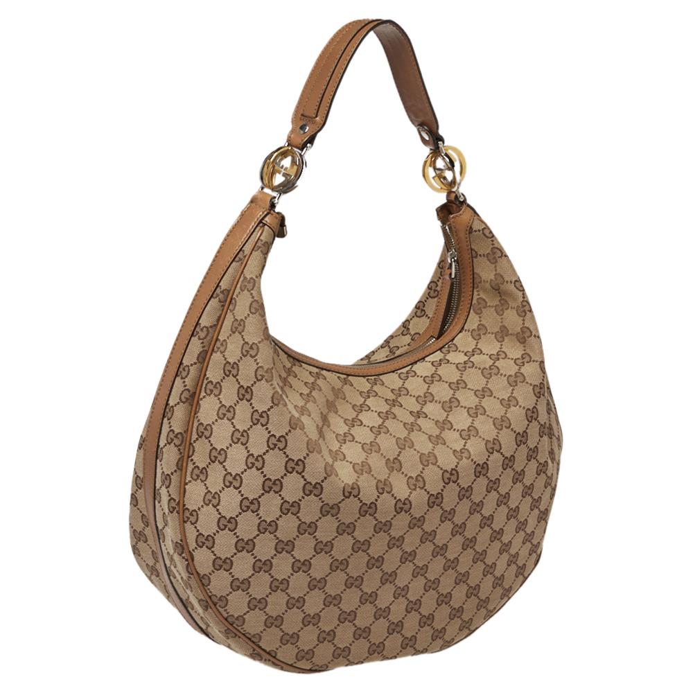 Gucci Beige/Tan GG Canvas and Leather Large GG Twins Hobo In Good Condition In Dubai, Al Qouz 2