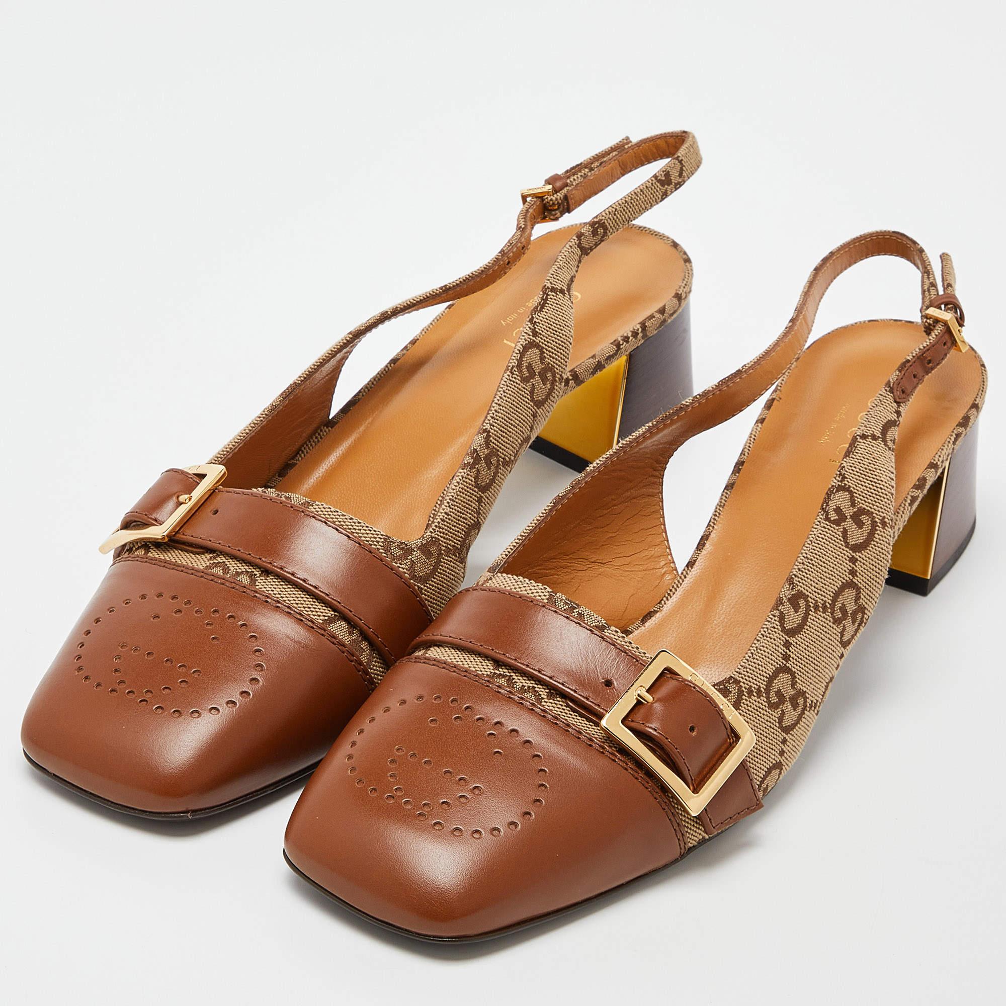 Gucci Beige/Tan GG Canvas and Leather Slingback Block Heel Sandals Size 39.5 In Good Condition In Dubai, Al Qouz 2