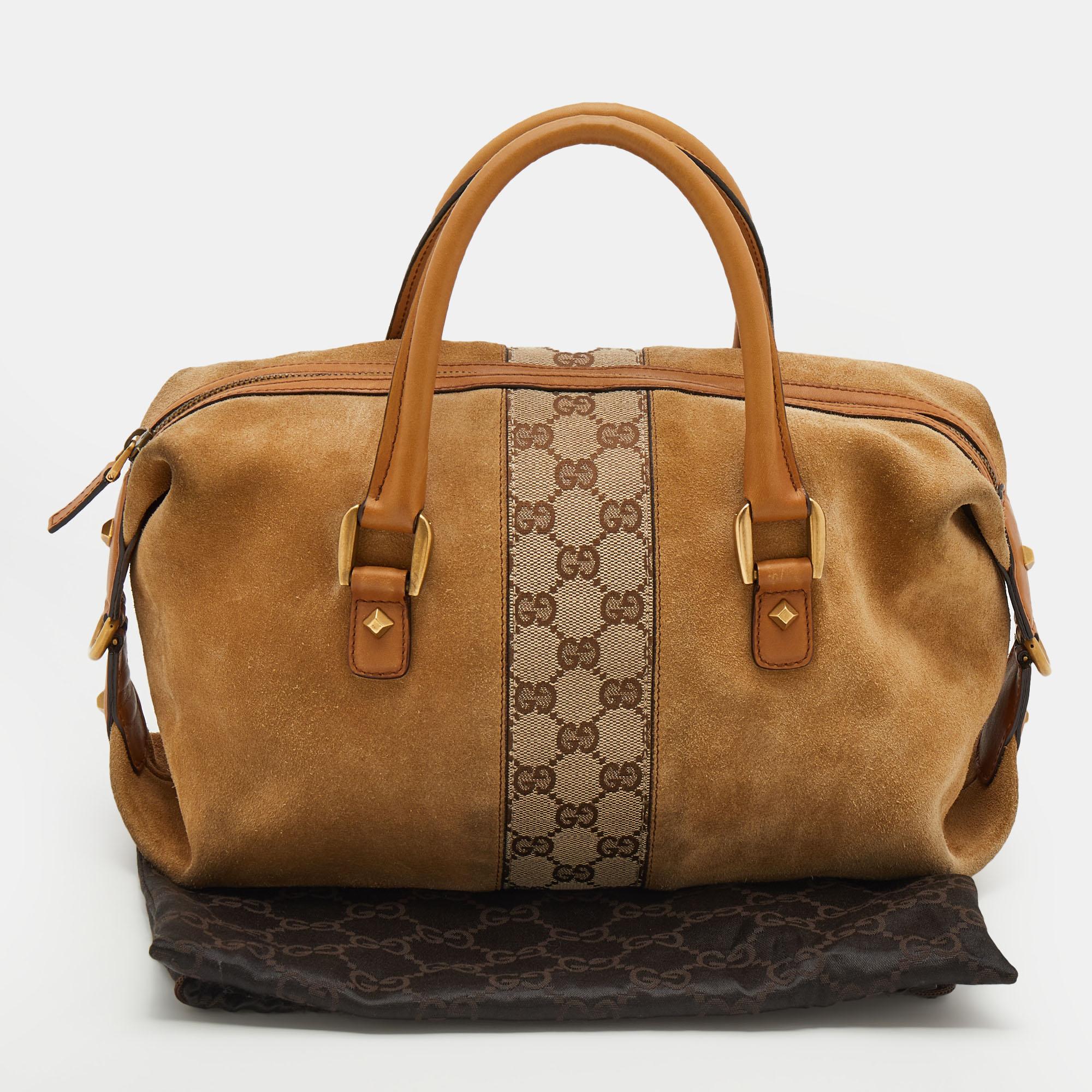 Gucci Beige/Tan GG Canvas And Suede Boston Bag 8